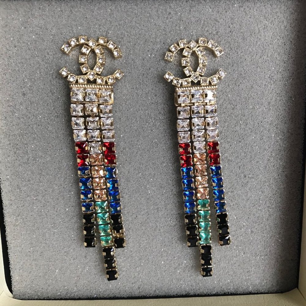 Letter C Muti-color Crystal Tassels Earrings